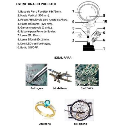 Imagem de Lupa Suporte Ferro de Solda Led Solver SLP-100