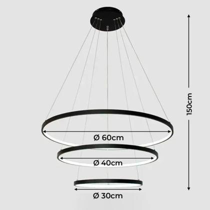 Imagem de Lustre Led Moderno Pendente Anéis Led 89w 3 Arcos Preto