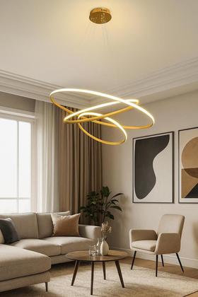 Imagem de Lustre LED Pendente 3 Anéis Dourado 60cm 60W Luz 3000K