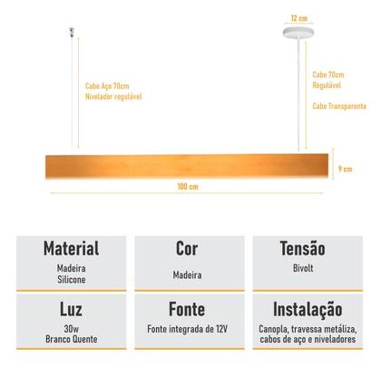 Imagem de Lustre Madeira Retangular Linear LED Integrado 98cm -SNK 04 - JEQUITIBA BQ