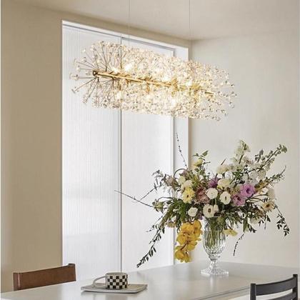 Imagem de Lustre Pendente 70cm Dente de Leão 252 Cristais 9xG9 LED Dourada Metal Teto Gimpo LDL-GOLD-70cm