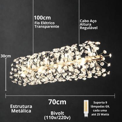 Imagem de Lustre Pendente 70cm Dente de Leão 252 Cristais 9xG9 LED Dourada Metal Teto Gimpo LDL-GOLD-70cm