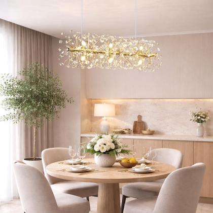 Imagem de Lustre Pendente 70cm Dente de Leão 252 Cristais 9xG9 LED Dourada Metal Teto Gimpo LDL-GOLD-70cm