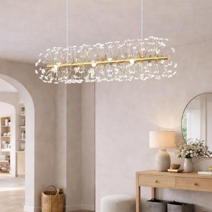 Imagem de Lustre Pendente 70cm Dente de Leão 252 Cristais 9xG9 LED Dourada Metal Teto Gimpo LDL-GOLD-70cm