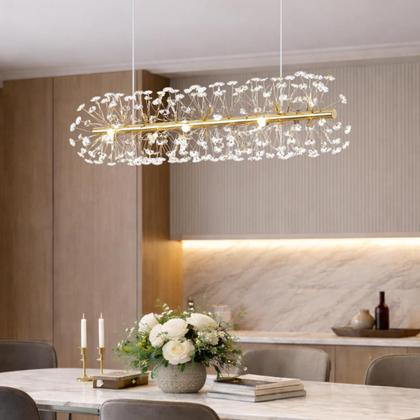 Imagem de Lustre Pendente 70cm Dente de Leão 252 Cristais 9xG9 LED Dourada Metal Teto Gimpo LDL-GOLD-70cm