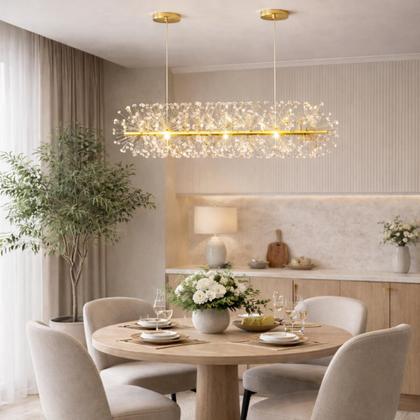 Imagem de Lustre Pendente 70cm Dente de Leão 252 Cristais 9xG9 LED Dourada Metal Teto Gimpo LDL-GOLD-70cm