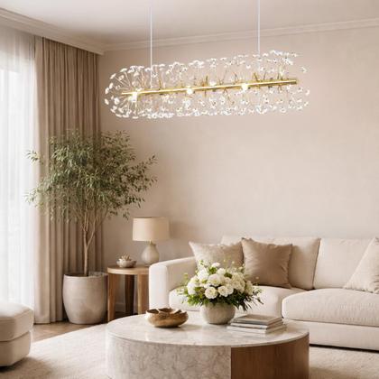 Imagem de Lustre Pendente 70cm Dente de Leão 252 Cristais 9xG9 LED Dourada Metal Teto Gimpo LDL-GOLD-70cm