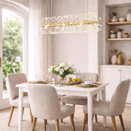 Imagem de Lustre Pendente 70cm Dente de Leão 252 Cristais 9xG9 LED Dourada Metal Teto Gimpo LDL-GOLD-70cm