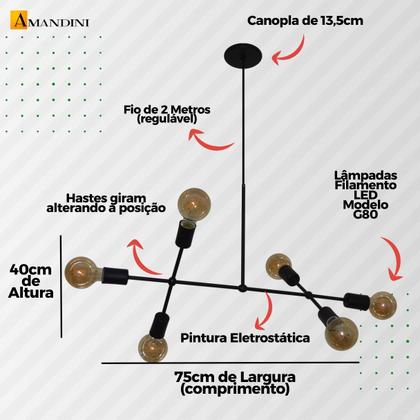 Imagem de Lustre Pendente Com 6 Braços Ideal Mesa De Jantar Retangular