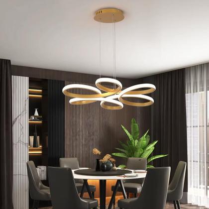 Imagem de Lustre Pendente LED 45W Lumina Dourado Moderno com 3 Cores de Luz e Ajuste de Altura Bivolt