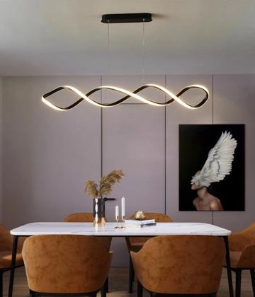 Imagem de Lustre Pendente Led 55W 1 metro Preto Luz Branco Quente 3000K Amarela Infinito Curvas DNA Ondas Redondo Moderno Bivolt 110V 220V P/ Sala Cozinha Mesa