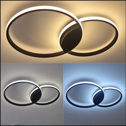 Imagem de Lustre Plafon Black Ring LED 2 Anéis Preto com Controle Remoto, Dimmer, 3 Cores de luz, Moderno ideal para Sala Quarto Escritório Design Sofisticado
