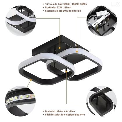 Imagem de Lustre plafon Luminária e arandela preto Led Moderno Bivolt Sobrepor 3 Cores de luz e ajuste de cor regulavel e controle remoto