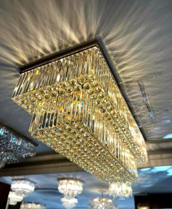 Imagem de Lustre Plafon Retangular Esferas e Barras Cristal Fino Acabamento
