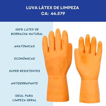 Imagem de Luva Látex de Limpeza Multiuso Reutilizável Laranja kit com 12 Pares
