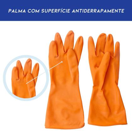 Imagem de Luva Látex de Limpeza Multiuso Reutilizável Laranja kit com 12 Pares