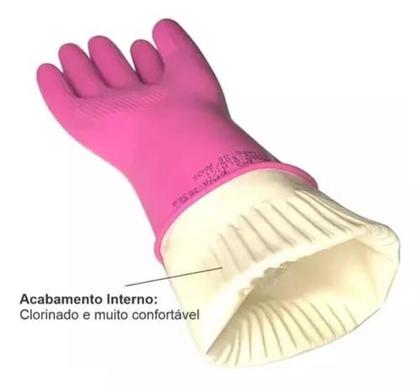 Imagem de Luva Látex Rosa Limpeza Cozinha Serviço Antiderrapante Resistente P