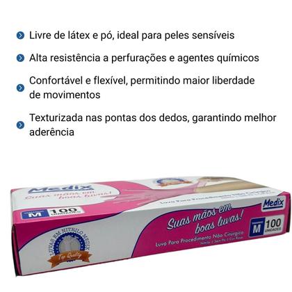 Imagem de Luva nitrilo rosa "m" sem pó c/100 - medix