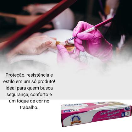 Imagem de Luva nitrilo rosa "m" sem pó c/100 - medix