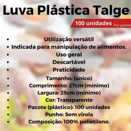 Imagem de Luva Plástica Descartável Proteção Higiene e Praticidade Talge 100un