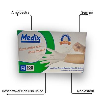 Imagem de Luvas de Látex Sem Pó Descartável M 100 Unidades Medix