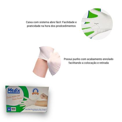 Imagem de Luvas de Látex Sem Pó Descartável M 100 Unidades Medix