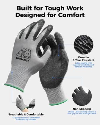 Imagem de Luvas de trabalho Toolant Crinkle Latex, revestidas com borracha, 12 pares