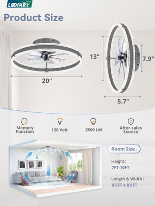 Imagem de Luz de ventilador de teto LEDIARY de 20" regulável 3000-6000K 6 velocidades