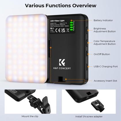 Imagem de Luz de vídeo LED K&F Concept Clip Fill com filtro de 4 cores 2000mAh