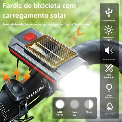 Imagem de Luz Solar Recarregável para Bicicleta com Buzina 120dB - Lanterna Frontal 1200mAh Tipo C