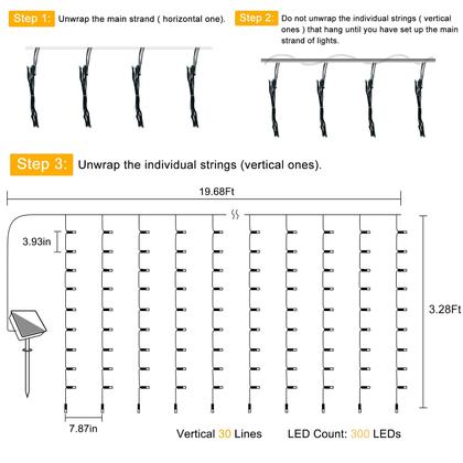 Imagem de Luzes de cortina solar DBFAIRY 300 LED 6m x 1m impermeáveis brancas quentes