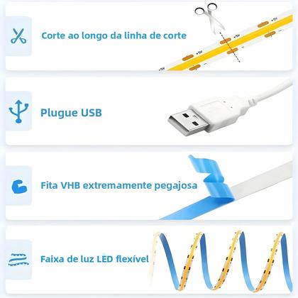 Imagem de Luzes de Tira LED COB Reguláveis com Sensor de Toque - 5V USB - Fita Flexível para TV e Espelho