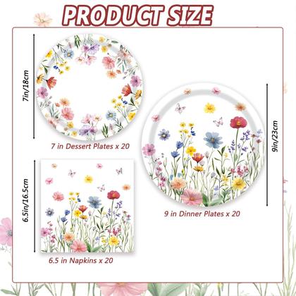 Imagem de LYFREE, 60 unidades de suprimentos para festas de flores silvestres, pratos e guardanapos, papel de flores, decoração com tema floral de primavera, talheres para aniversário, chá de bebê, piquenique de casamento, chá da tarde, festa no jardim, serve 20 convidados