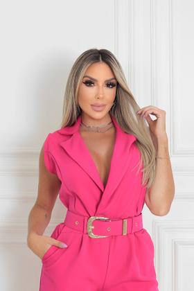 Imagem de Macacão Alfaiataria Feminino Longo Com Cinto Bolsos Zíper