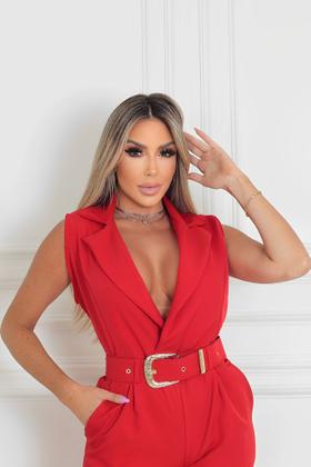 Imagem de Macacão Alfaiataria Feminino Longo Com Cinto Bolsos Zíper