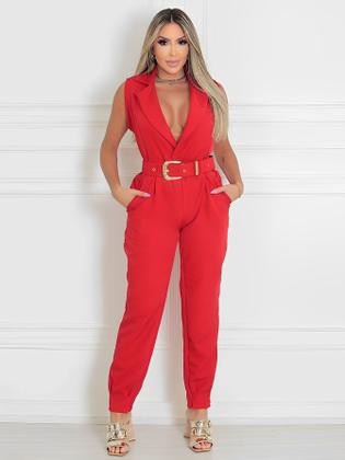 Imagem de Macacão Alfaiataria Feminino Longo Com Cinto Bolsos Zíper