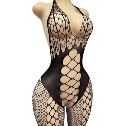 Imagem de Macacão Arrastão Transparente com Decote Profundo e Vazados Tamanho Único