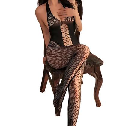 Imagem de Macacão Arrastão Transparente com Decote Profundo e Vazados Tamanho Único