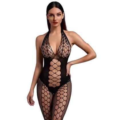 Imagem de Macacão Arrastão Transparente com Decote Profundo e Vazados Tamanho Único