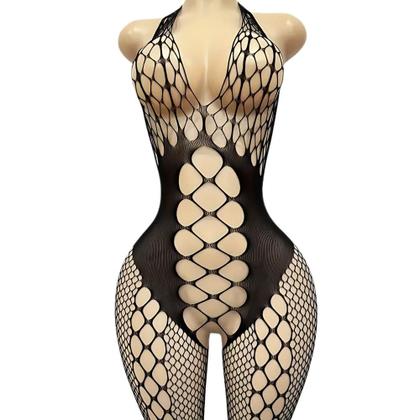 Imagem de Macacão Arrastão Transparente com Decote Profundo e Vazados Tamanho Único