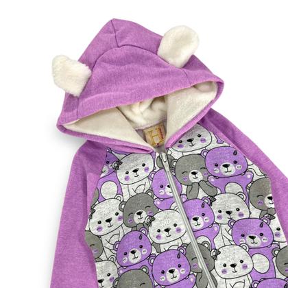 Imagem de Macacão Bebê Inverno Menina Ursinho com zíper e touca peluciada tamanho P ao G