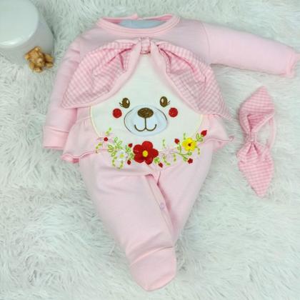 Imagem de Macacão Bebê Menina Maria com Tiara  Bordado Coelhinha e Flores