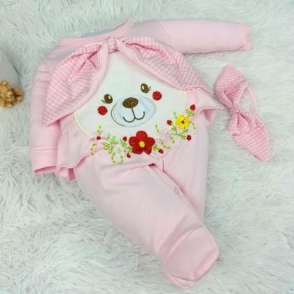 Imagem de Macacão Bebê Menina Maria com Tiara  Bordado Coelhinha e Flores