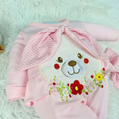 Imagem de Macacão Bebê Menina Maria com Tiara  Bordado Coelhinha e Flores