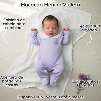 Imagem de Macacão Bebê Menina Recém Nascido 100% Algodão Premium Bordado Violeta