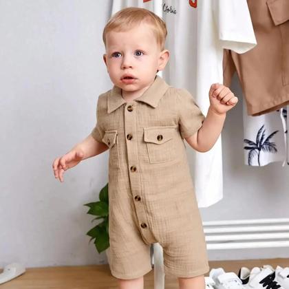 Imagem de Macacão Casual de Verão para Bebê - Manga Curta, Cáqui, com Bolso