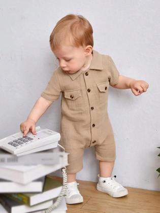 Imagem de Macacão Casual de Verão para Bebê - Manga Curta, Cáqui, com Bolso
