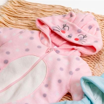 Imagem de Macacão de Bebê Térmico com Proteção UV50+ Coelho Gatinho Rosa Poá com Capuz e Zíper Inverno Brandili Menina