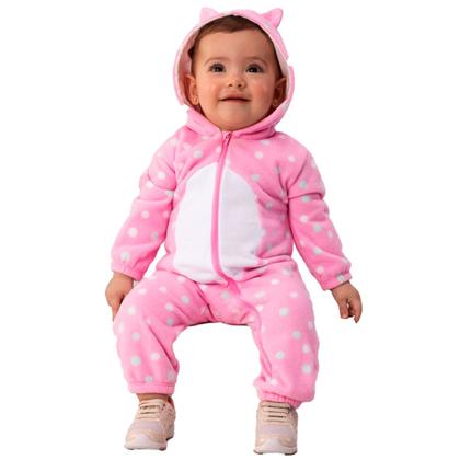 Imagem de Macacão de Bebê Térmico com Proteção UV50+ Coelho Gatinho Rosa Poá com Capuz e Zíper Inverno Brandili Menina