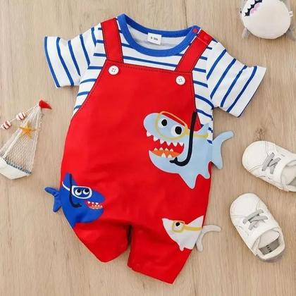 Imagem de Macacão de Bebê Verão - Duas Peças com Estampa de Tubarão - Menino e Menina